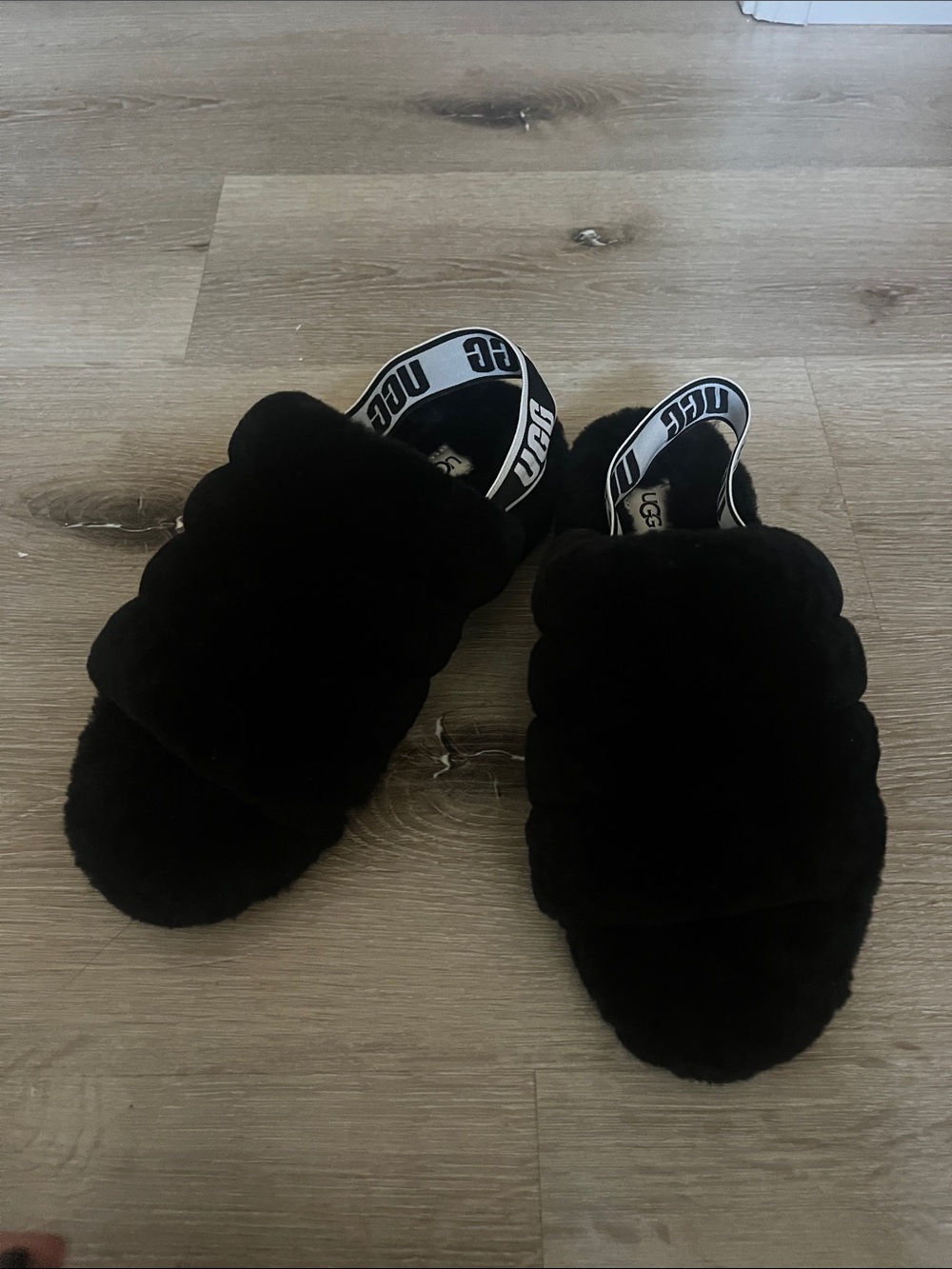 UGG Black Plush Quilted Slide Sandals with Branded Elastic Heel